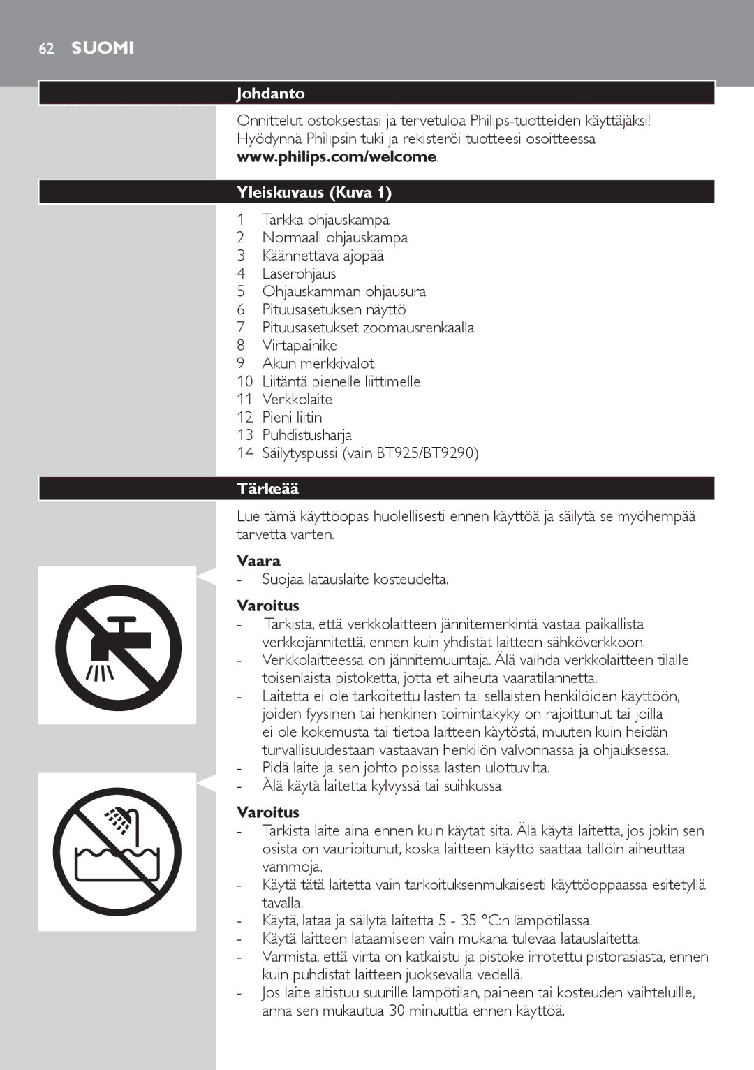 Philips BT9290, BT9280 user manual Suomi, Johdanto, Yleiskuvaus Kuva 1, Tärkeää 